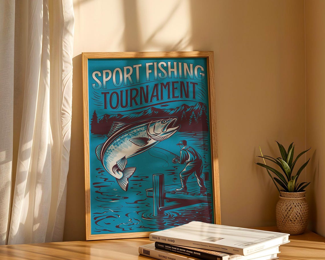 Fisherman Vintage Fishing Illustration, Lake House Decor - Image 6
