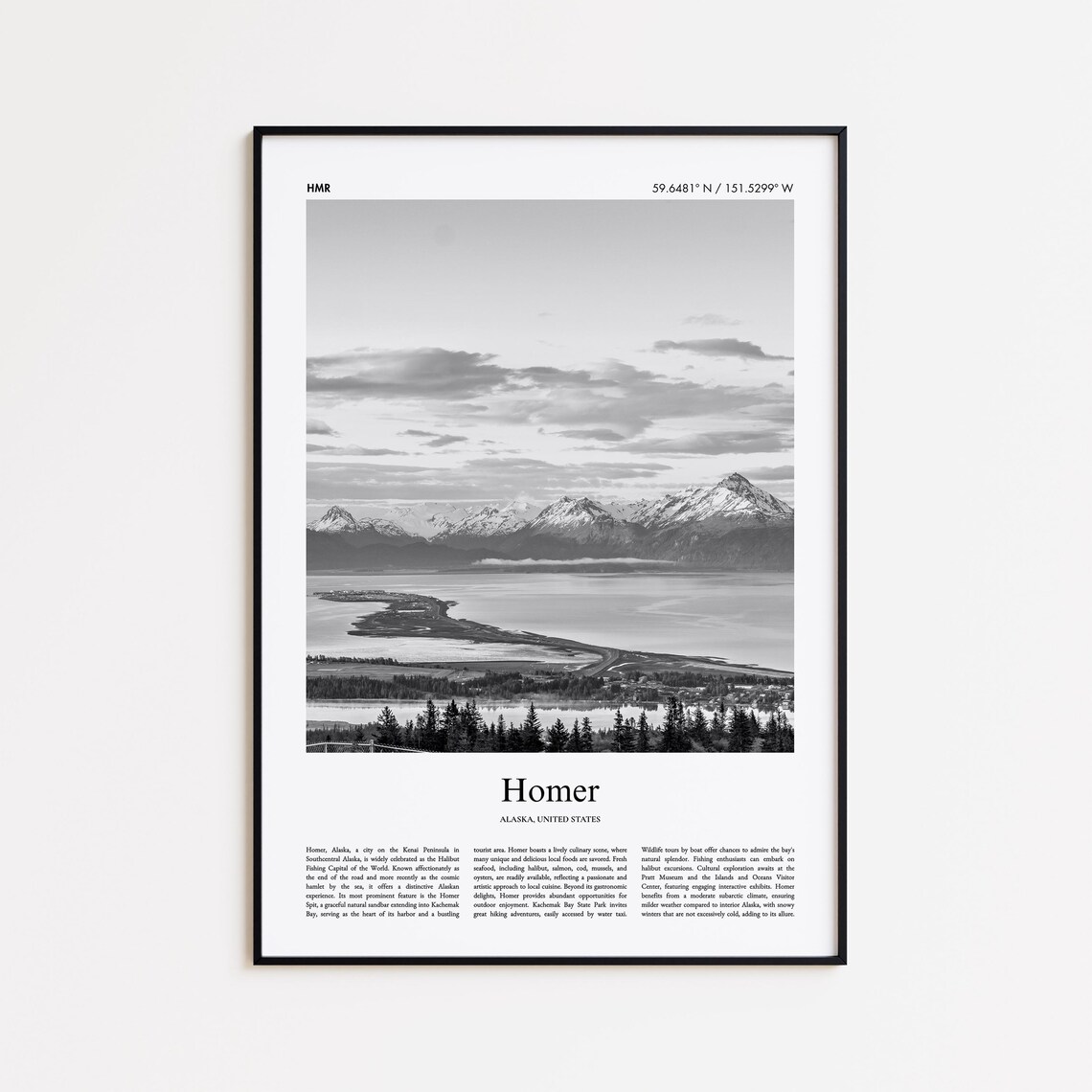 Homer Alaska Black and White Photo Travel Poster Bay Mountain Art