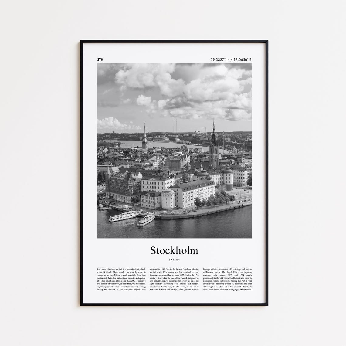 Stockholm Sweden Black White Gamla Stan Waterfront View Poster