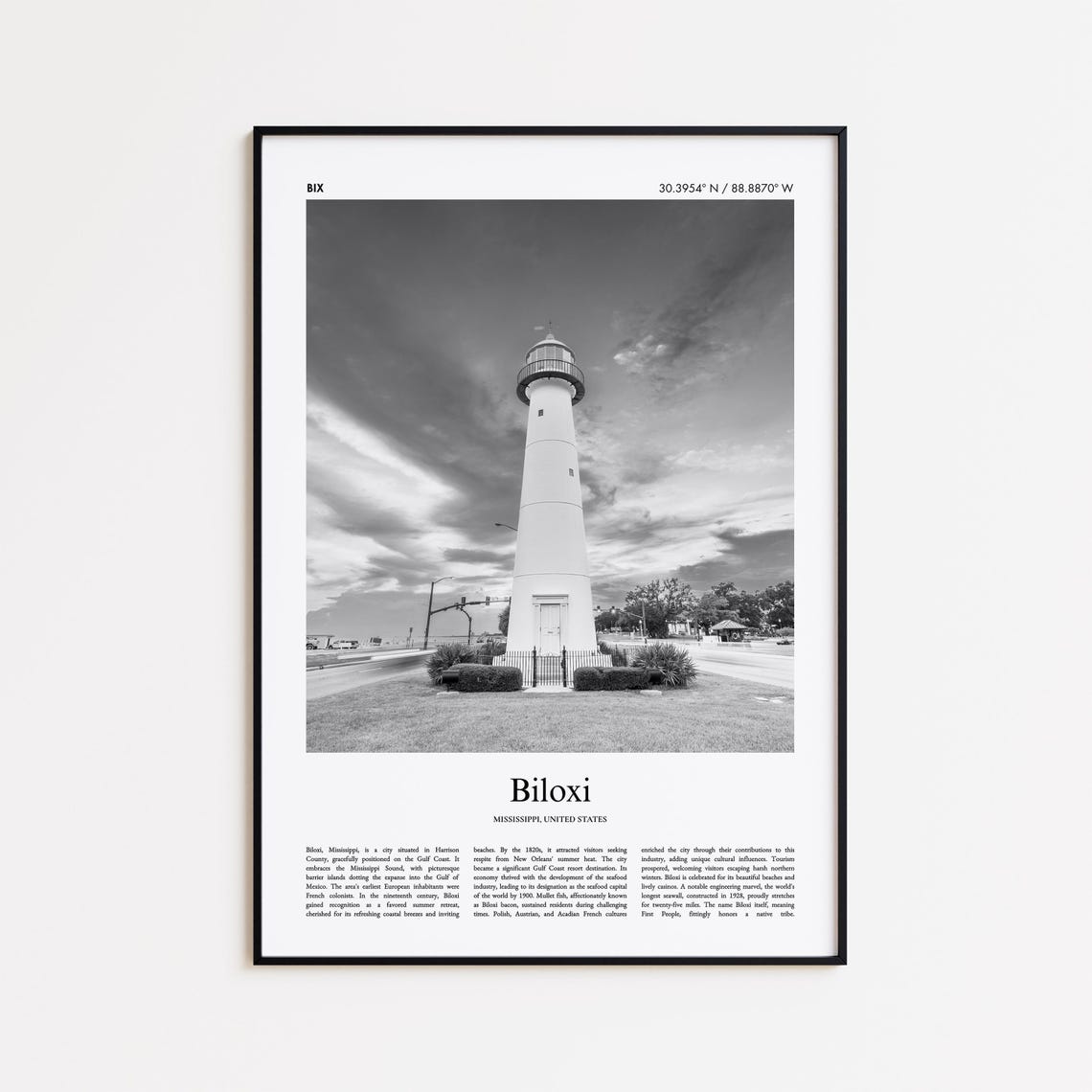 Biloxi Mississippi Black and White Lighthouse Gulf Coast Photo Print