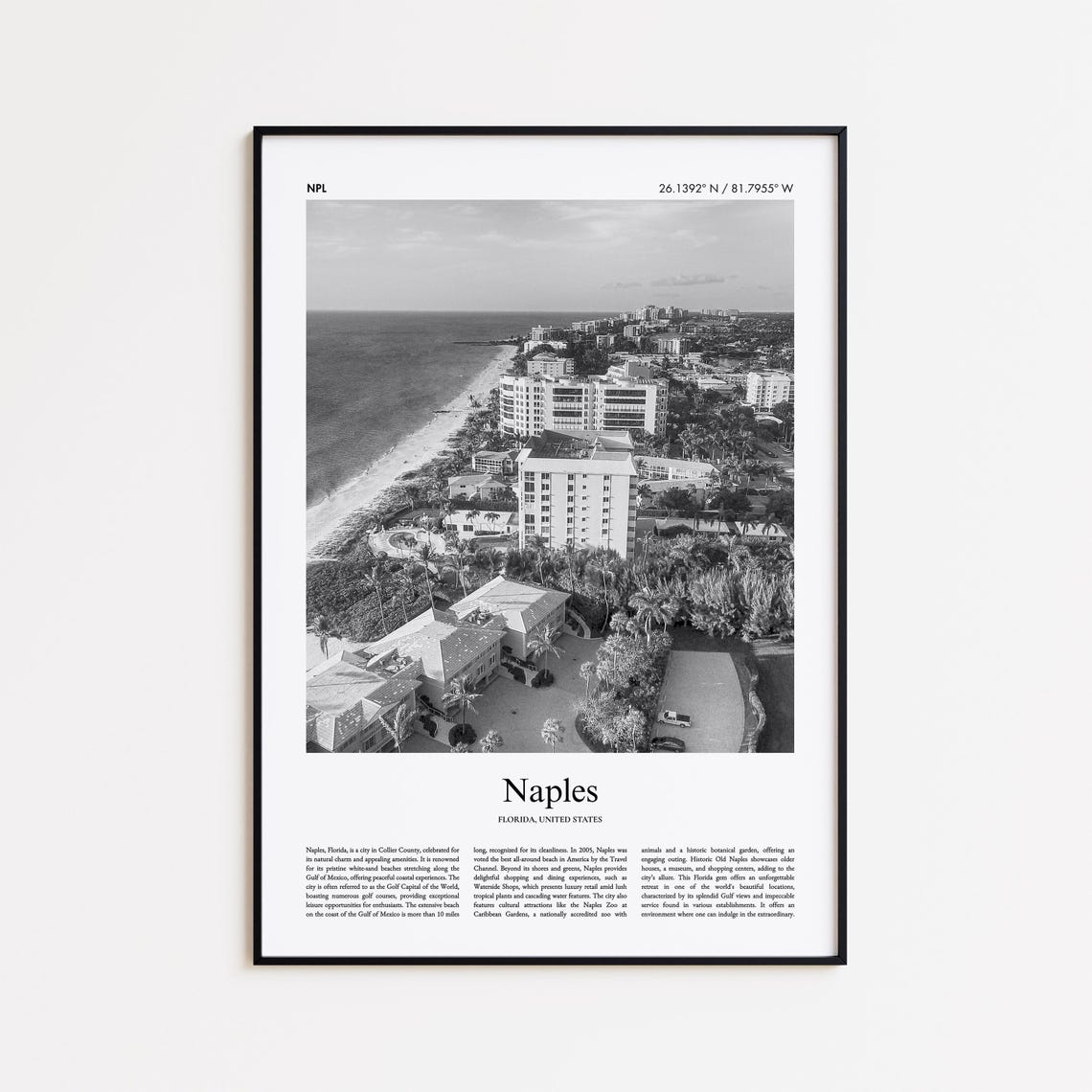 Naples Florida Aerial Coastline Black And White Travel Poster