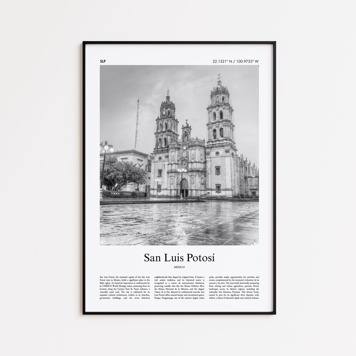San Luis Potosi Cathedral Black and White Mexico Travel Poster