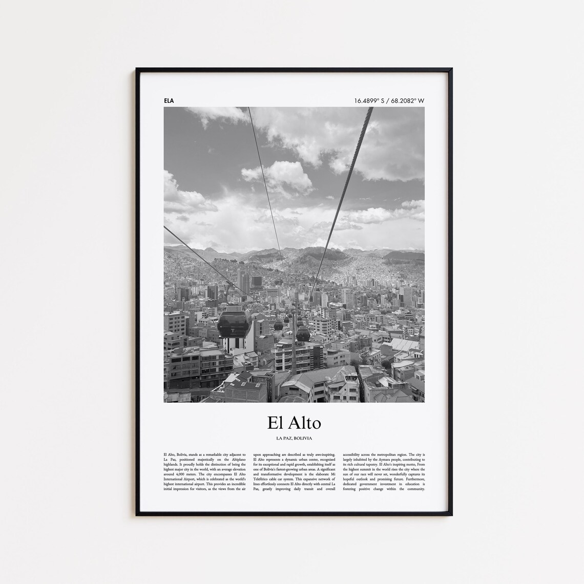 El Alto Bolivia Black and White Cable Car City Photo Travel Poster
