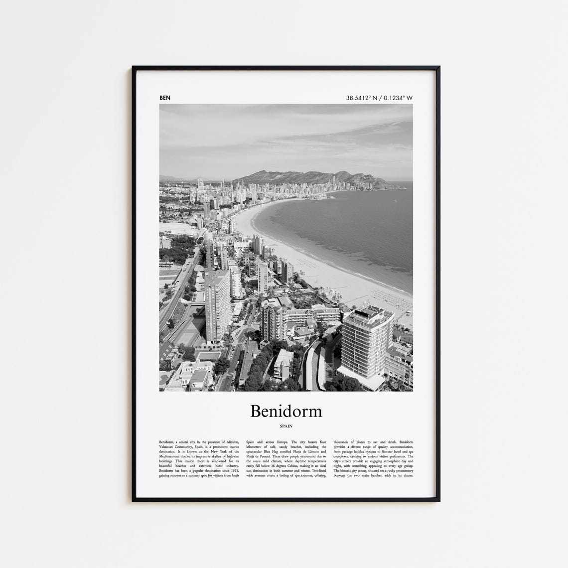 Benidorm Spain Coastal Skyline Black White Photo Travel Poster