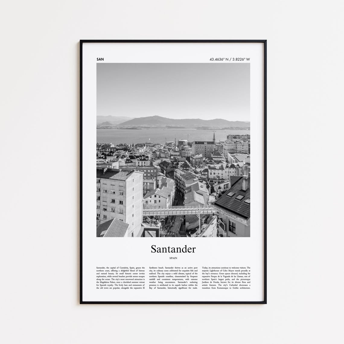 Santander Bay Cityscape Mountains Black and White Spain Poster