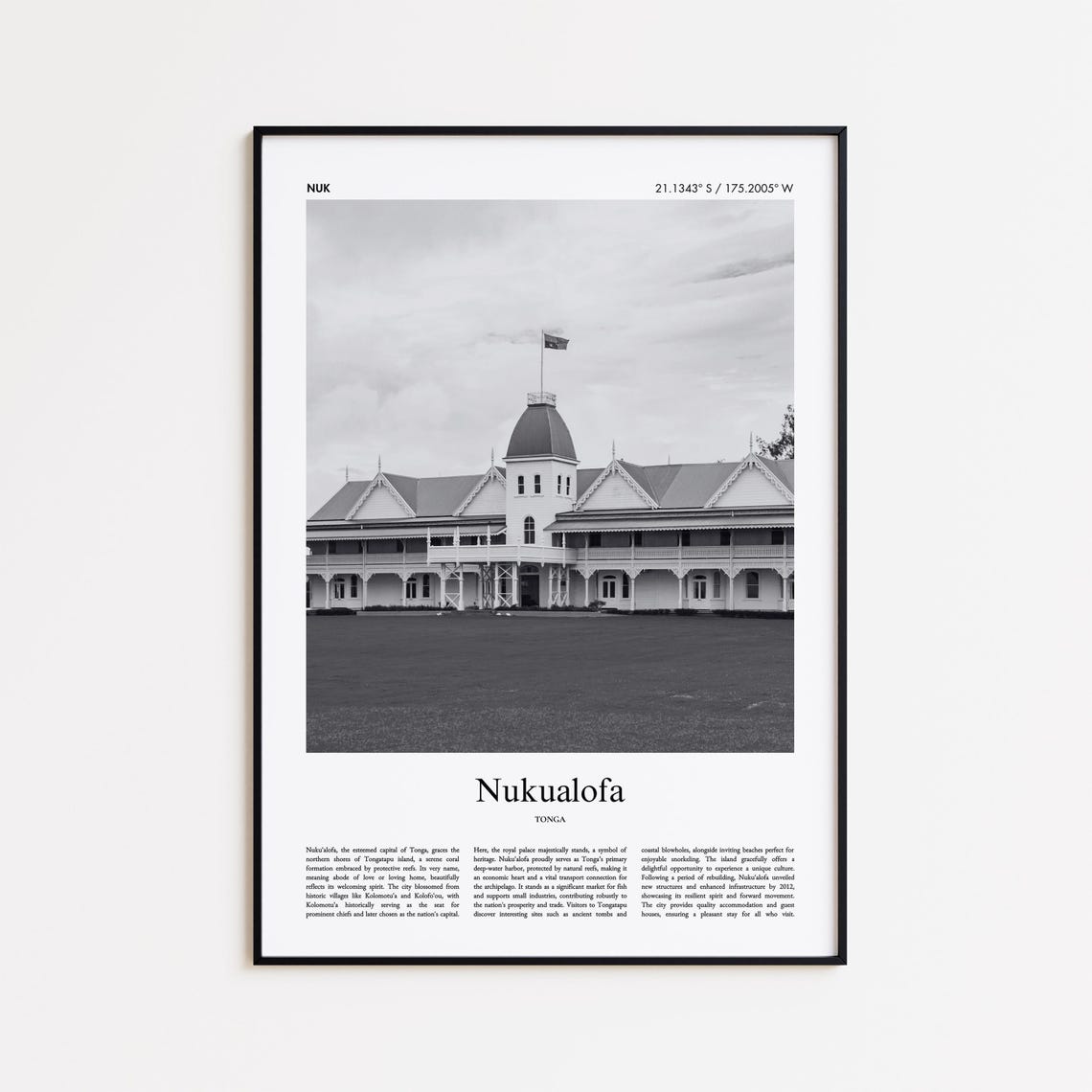 Nuku'alofa Tonga Royal Palace Black And White Travel Art Poster