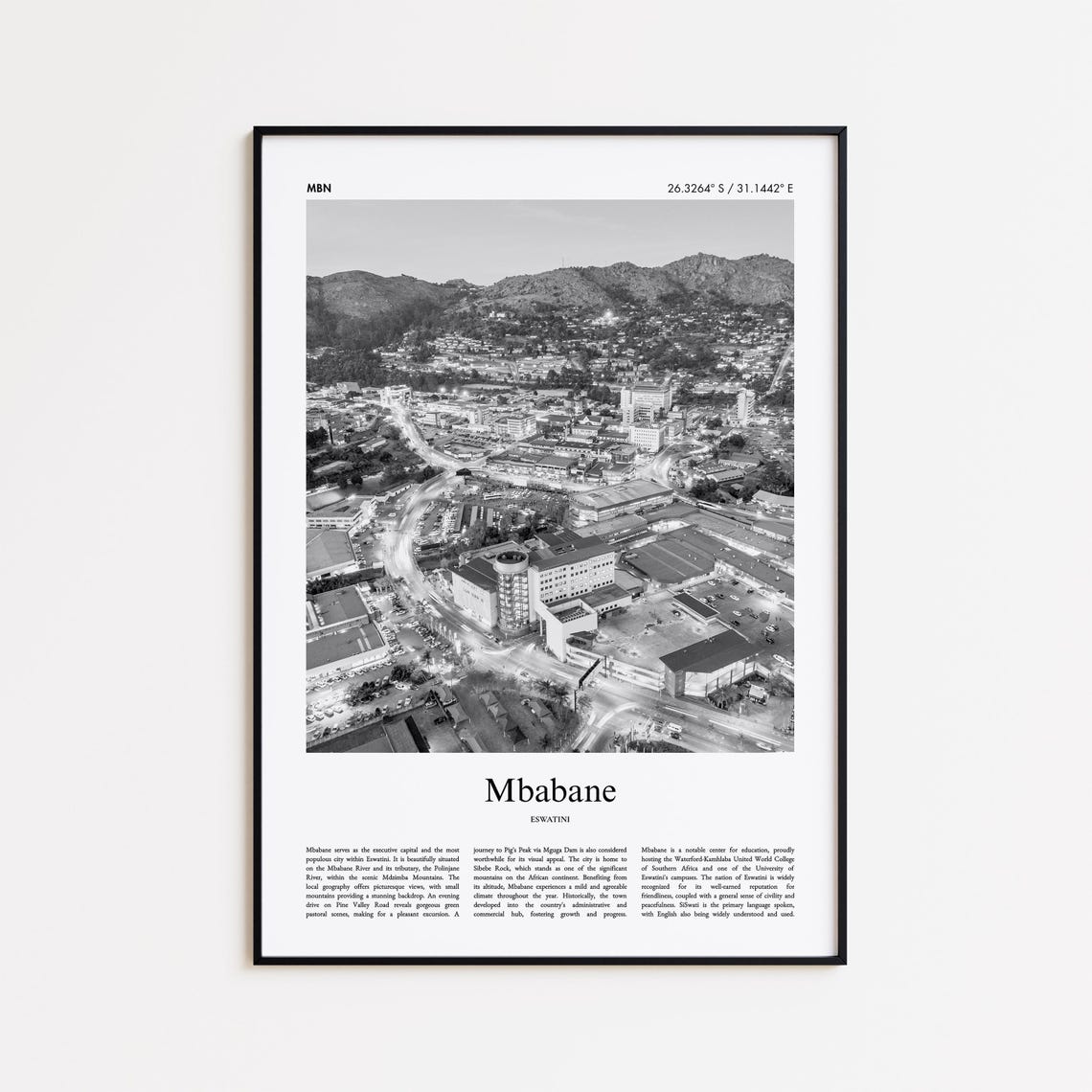 Mbabane Eswatini Aerial Mountain City Black and White Travel Poster