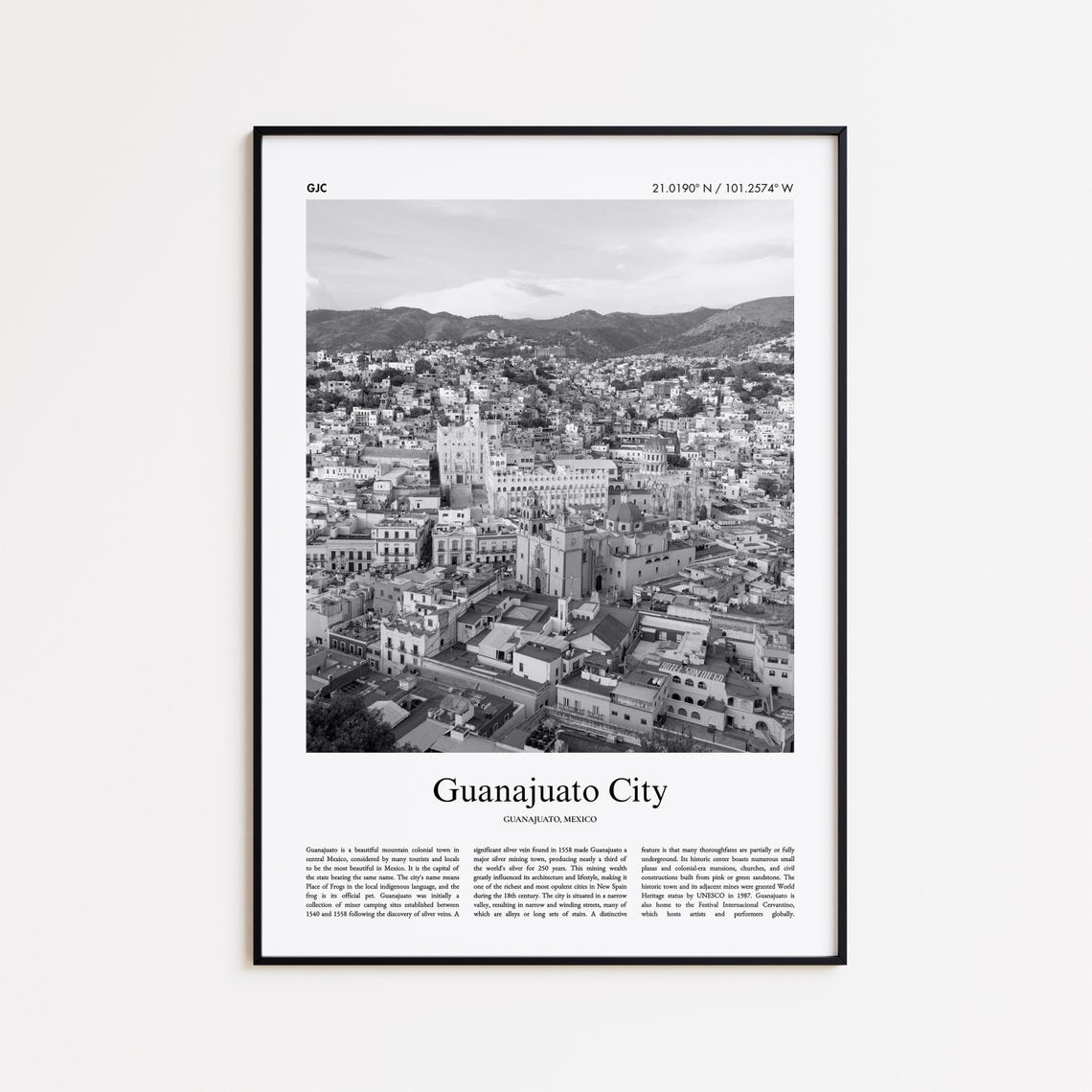 Guanajuato City Black and White Colonial Mexico Travel Poster
