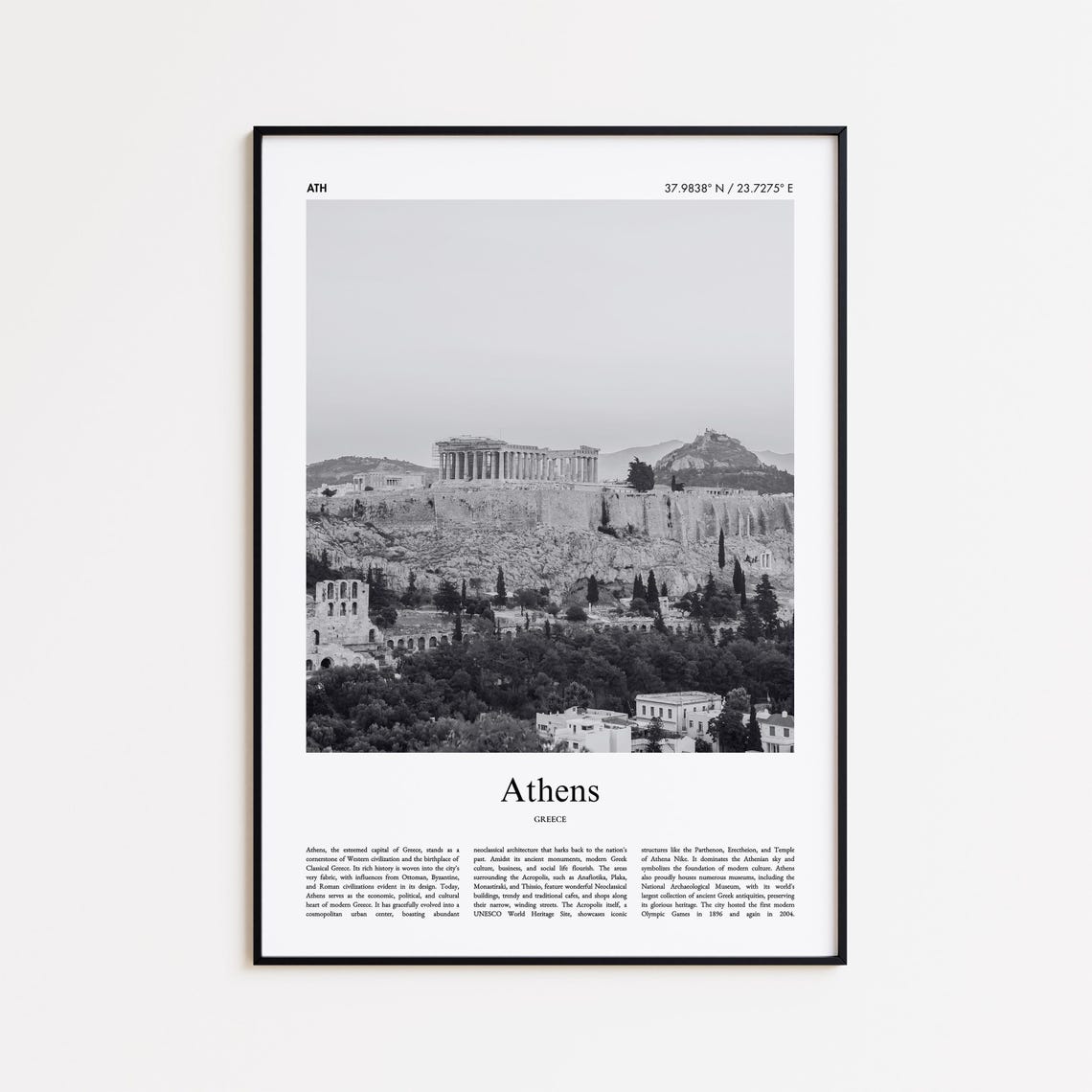 Athens Greece Acropolis Parthenon Black And White Travel Poster