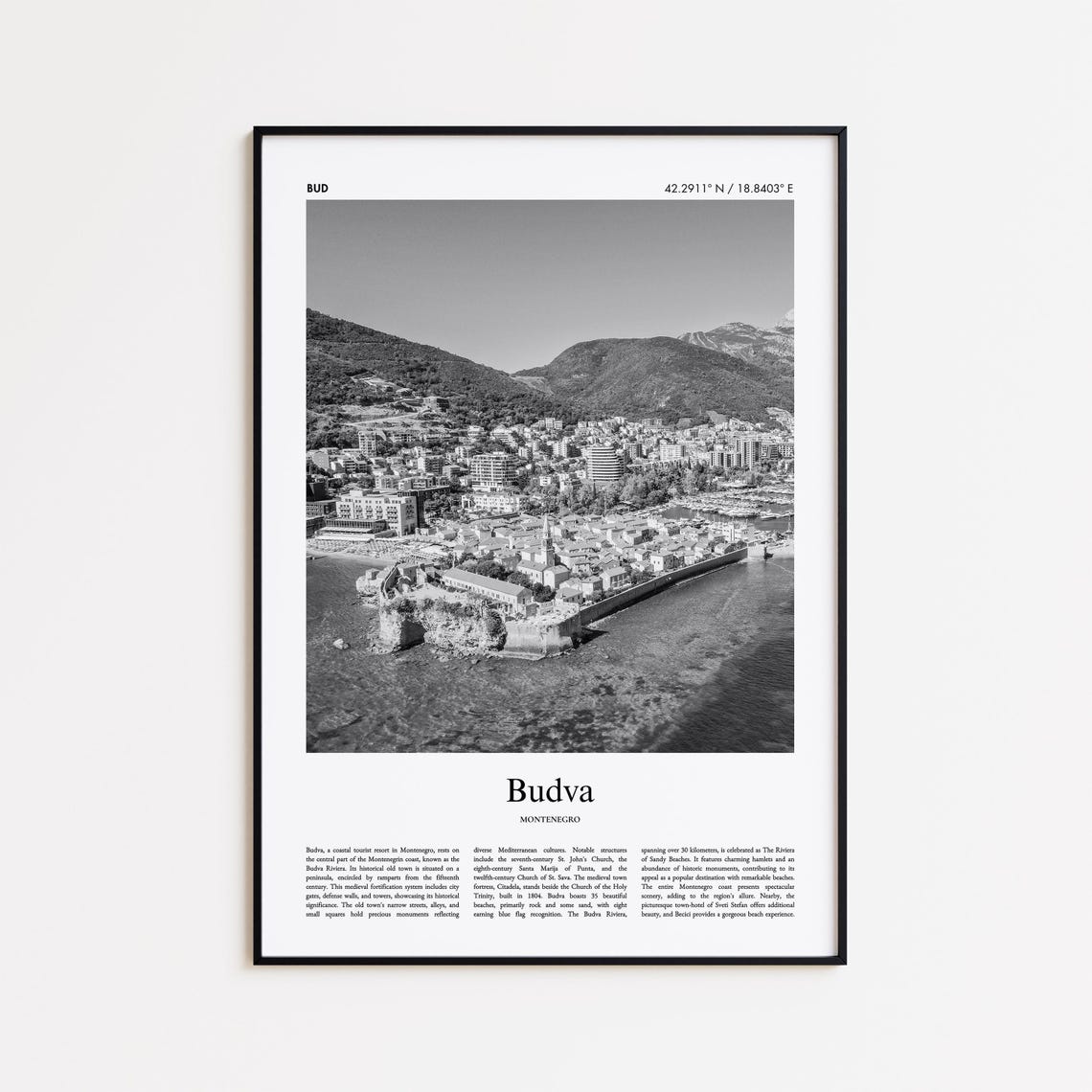 Budva Montenegro Old Town Coastline Black and White Photo Poster