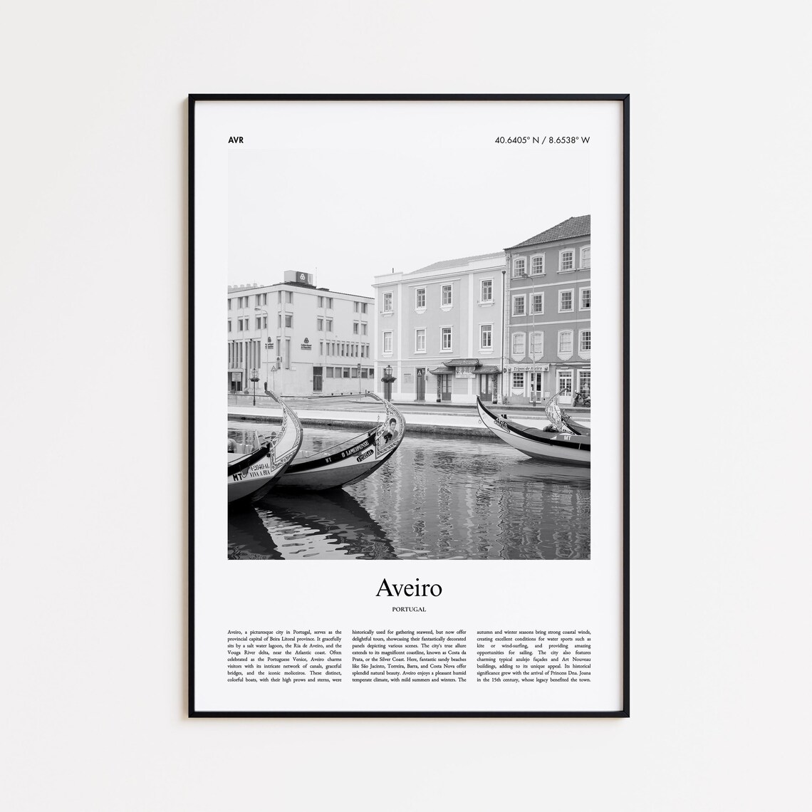 Aveiro Portugal Black and White Moliceiro Boats Canal Photo Poster