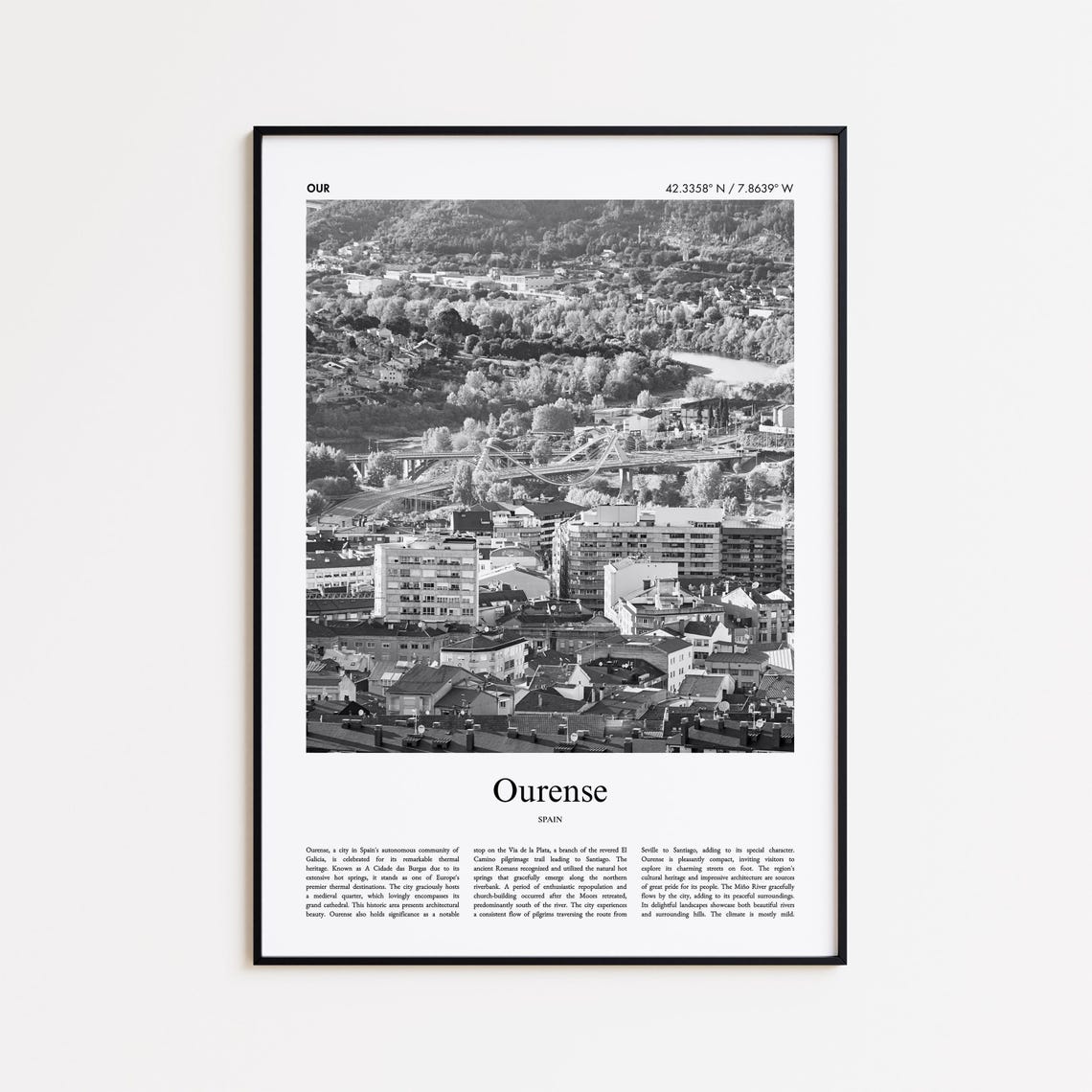 Ourense Spain Cityscape Black and White Photo Poster Galicia