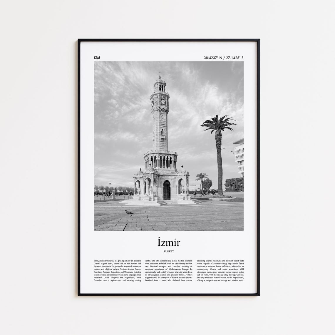 Izmir Turkey Clock Tower Black And White Travel Photo Poster