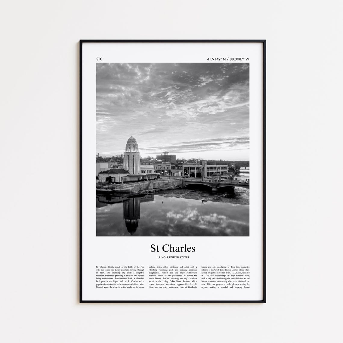 St Charles Illinois Black And White Riverfront Scenic Photo Poster