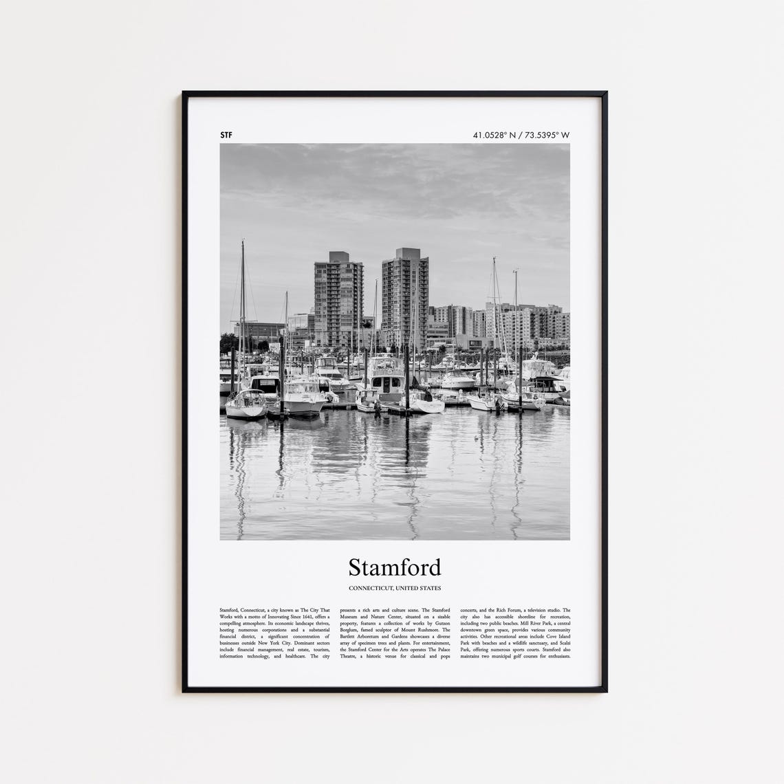 Stamford Connecticut Black and White Travel Poster Harbor Marina Photo