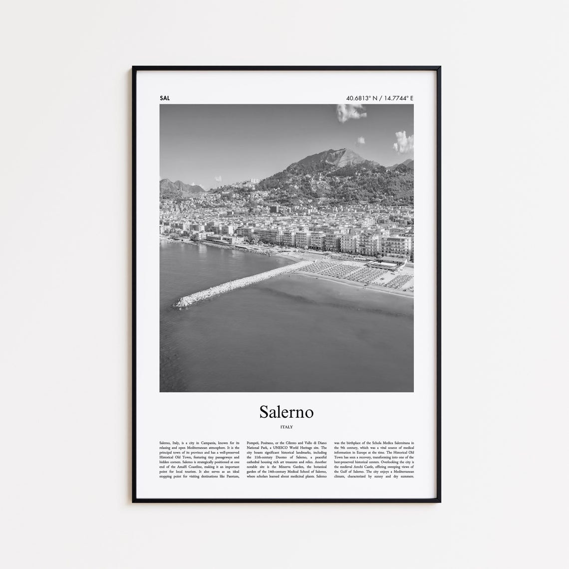 Salerno Italy Black White Coastal City Waterfront View Poster