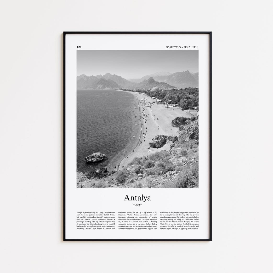 Antalya Turkey Konyaalti Beach Mountains Black White Photo Poster