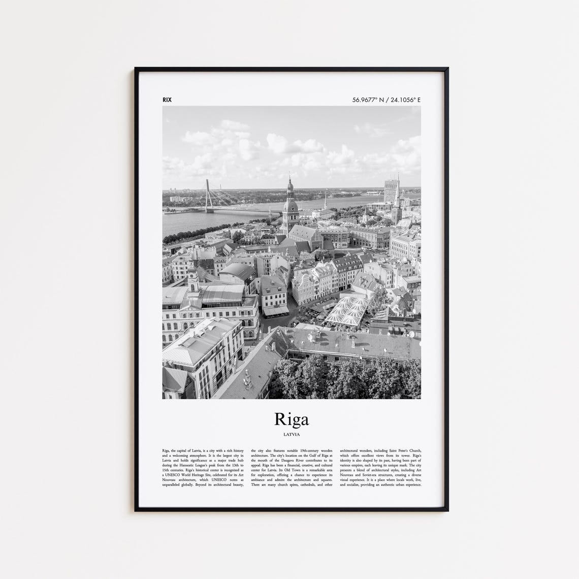 Riga Old Town Daugava River Latvia Black White Travel Poster