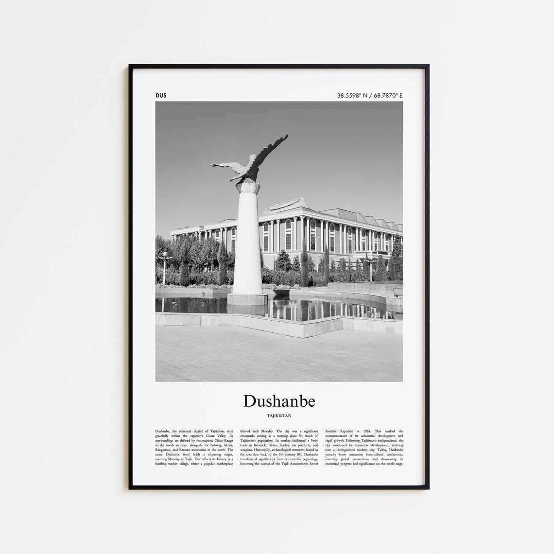 Dushanbe Tajikistan Black And White Monument Photo Travel Poster