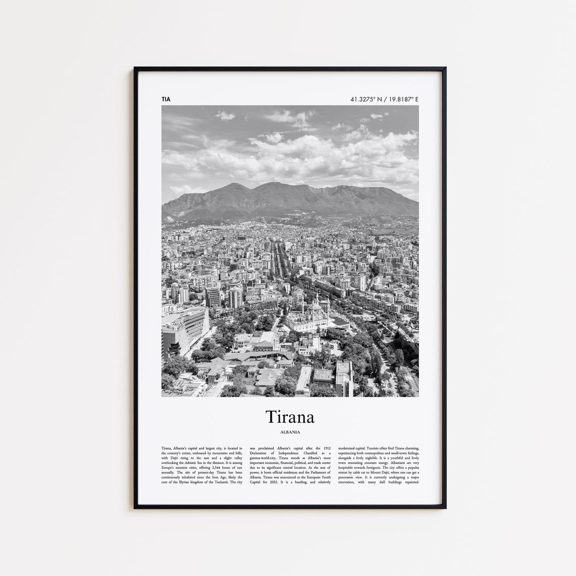Tirana Albania Black and White Cityscape Mountain Travel Poster