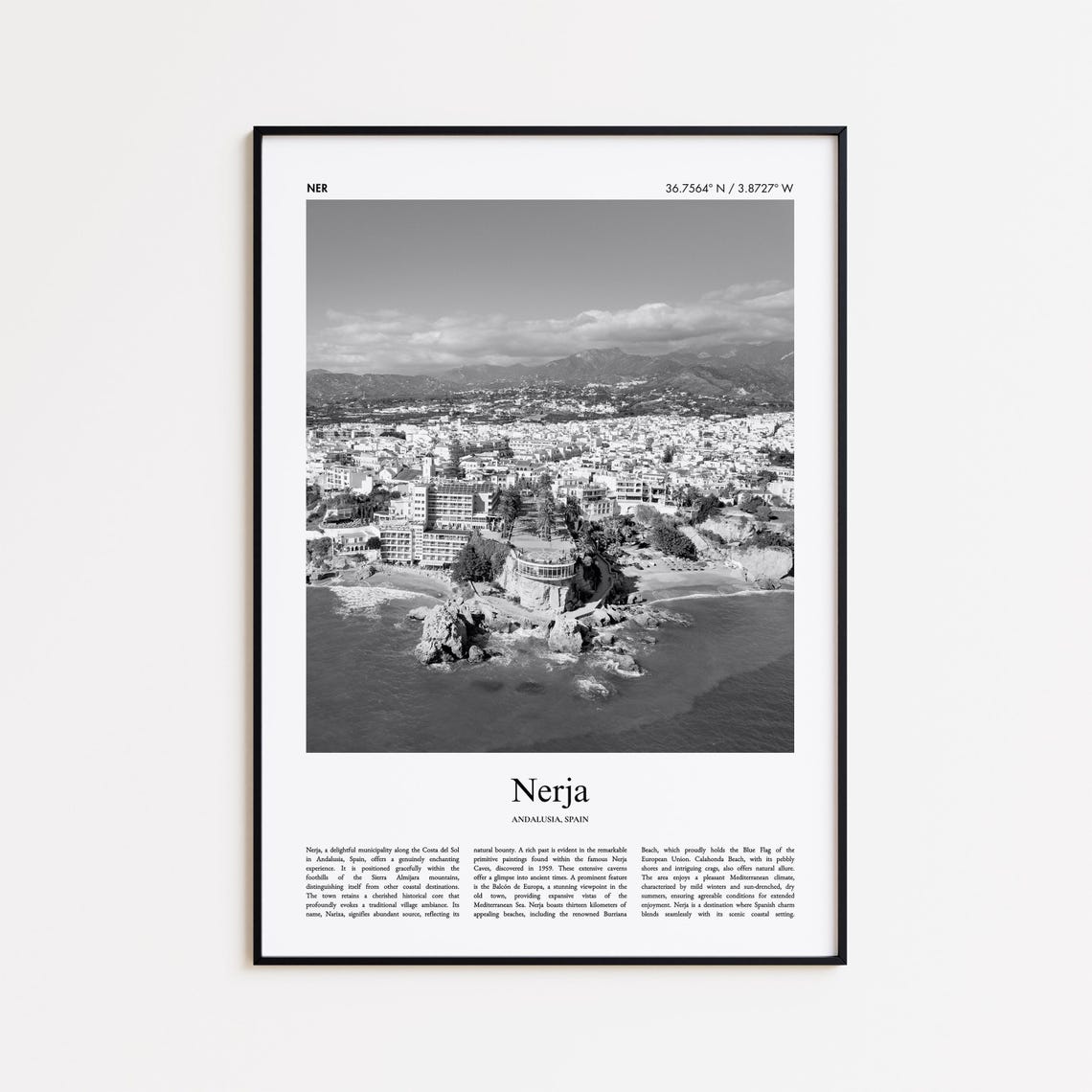 Nerja Spain Black And White Coastal Cliffs Photo Travel Poster