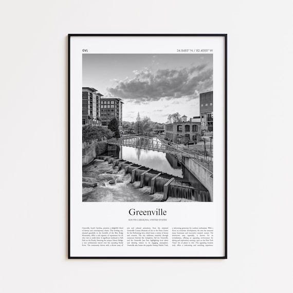 Greenville South Carolina Black And White Photo Poster Liberty Bridge Falls