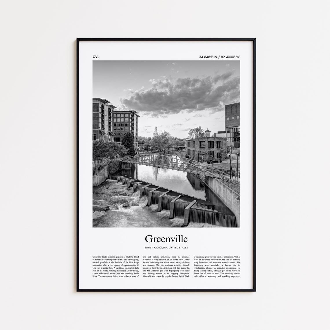 Greenville Black And White Print Photo Poster Travel Gift South Carolina United States Usa Wall Art