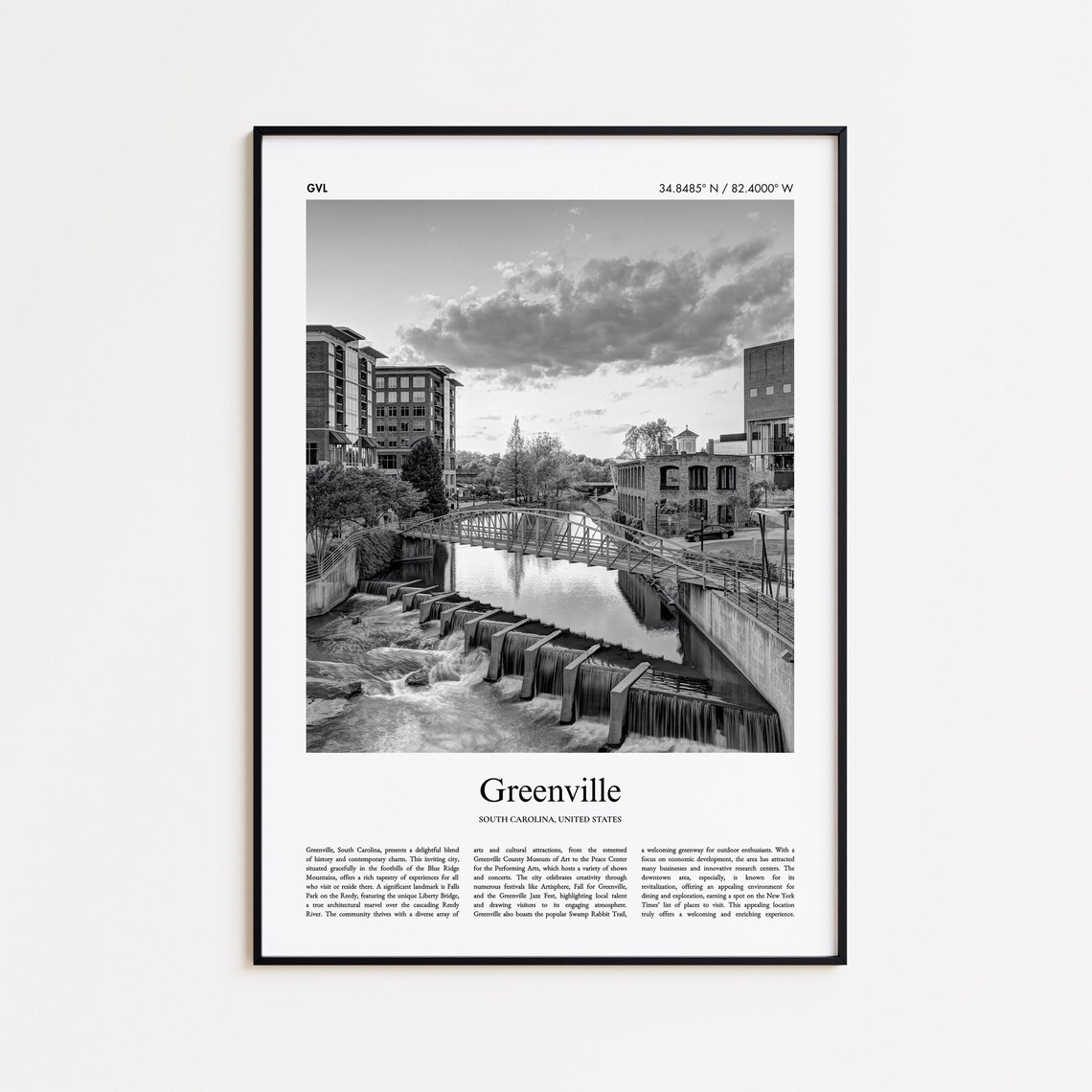 Greenville South Carolina Black And White Photo Poster Liberty Bridge Falls