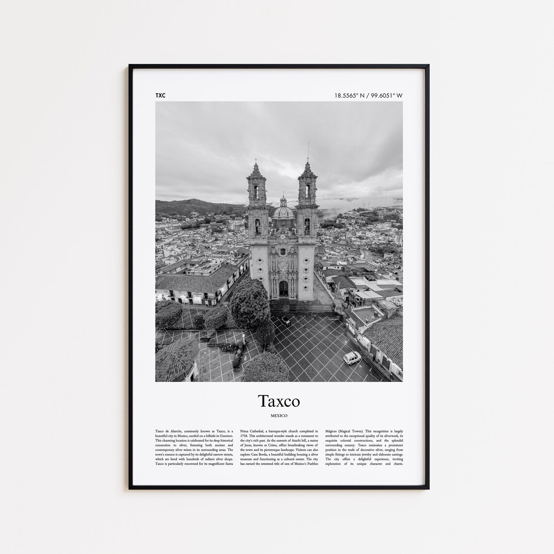 Taxco Mexico Vintage Black And White Cathedral Travel Poster