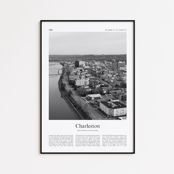 Charleston West Virginia Black and White Riverfront Aerial Poster