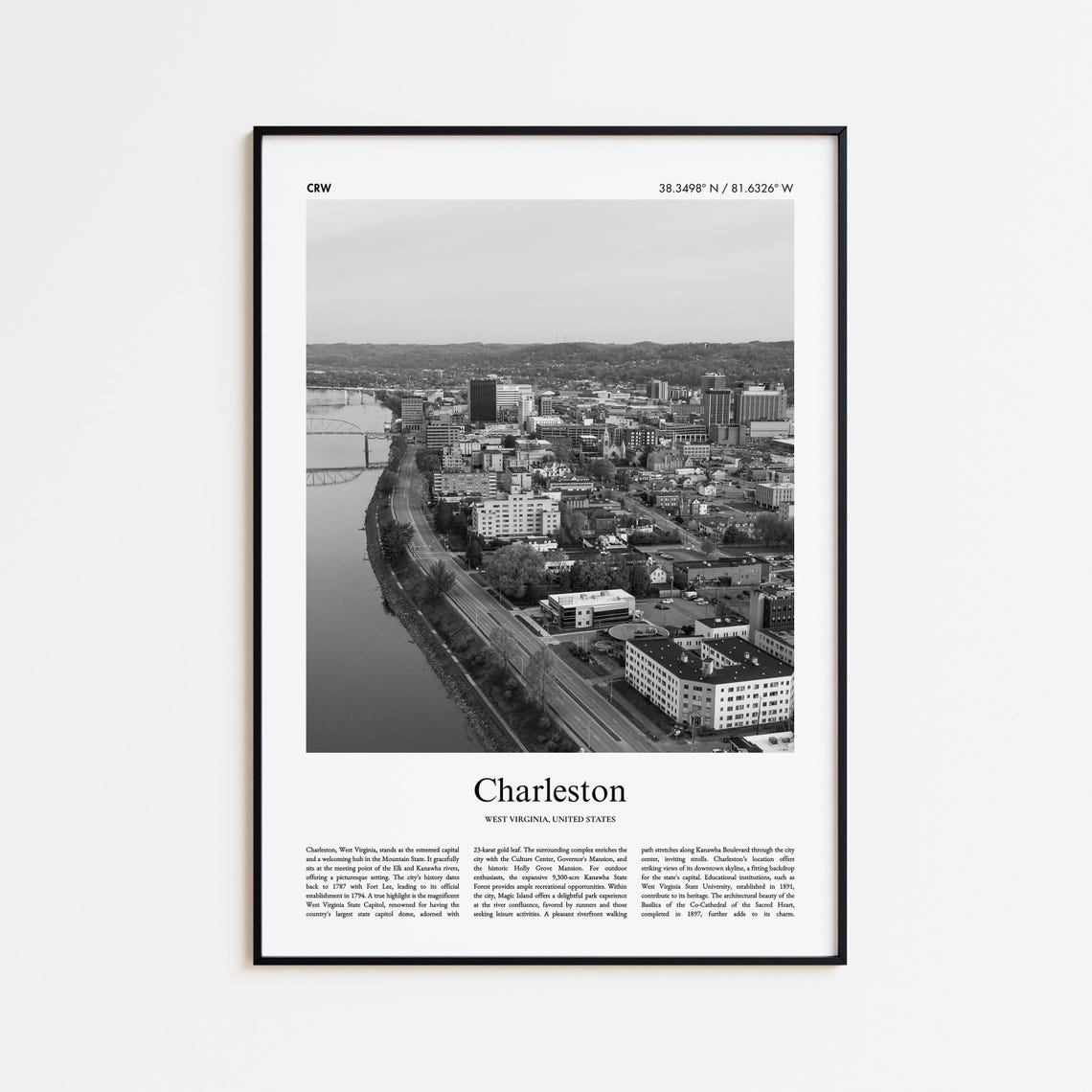 Charleston West Virginia Black and White Riverfront Aerial Poster