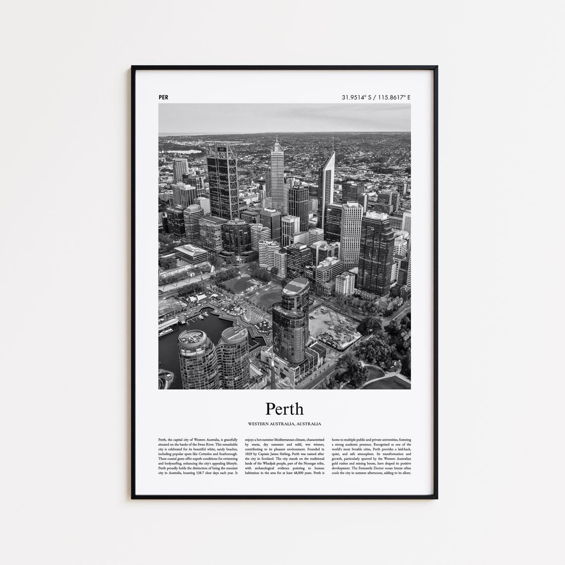 Perth City Skyline Aerial View Black and White Travel Poster