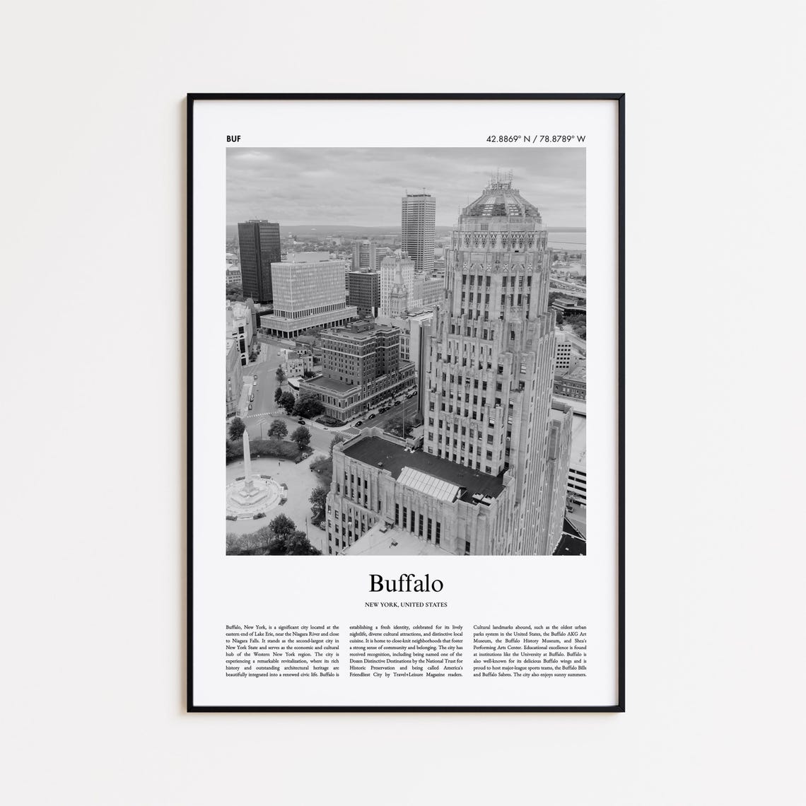Buffalo New York Black And White Downtown Photo Travel Poster