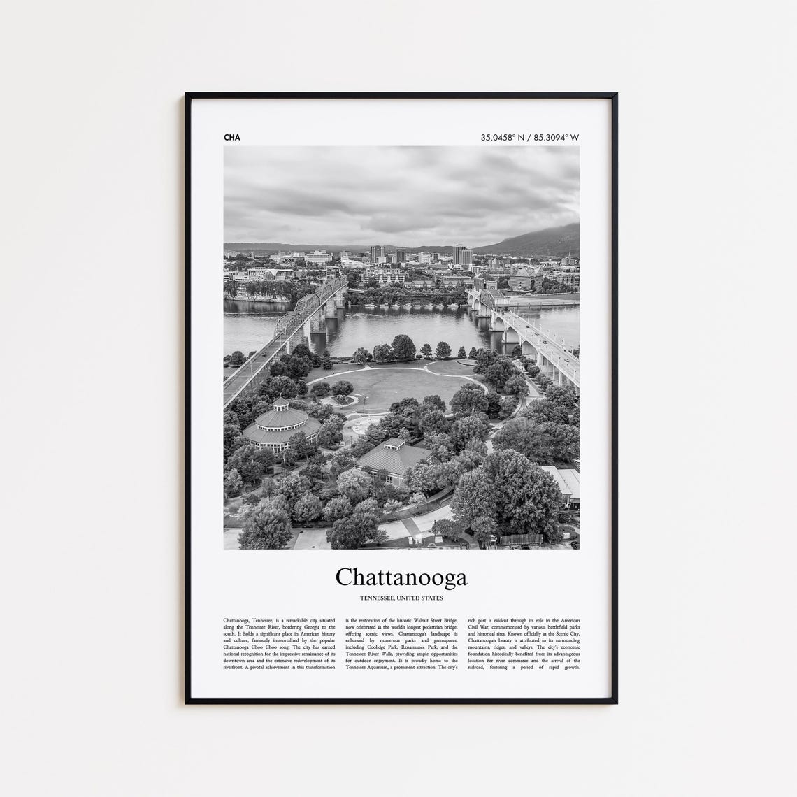 Chattanooga Tennessee Black and White River Bridge Travel Poster