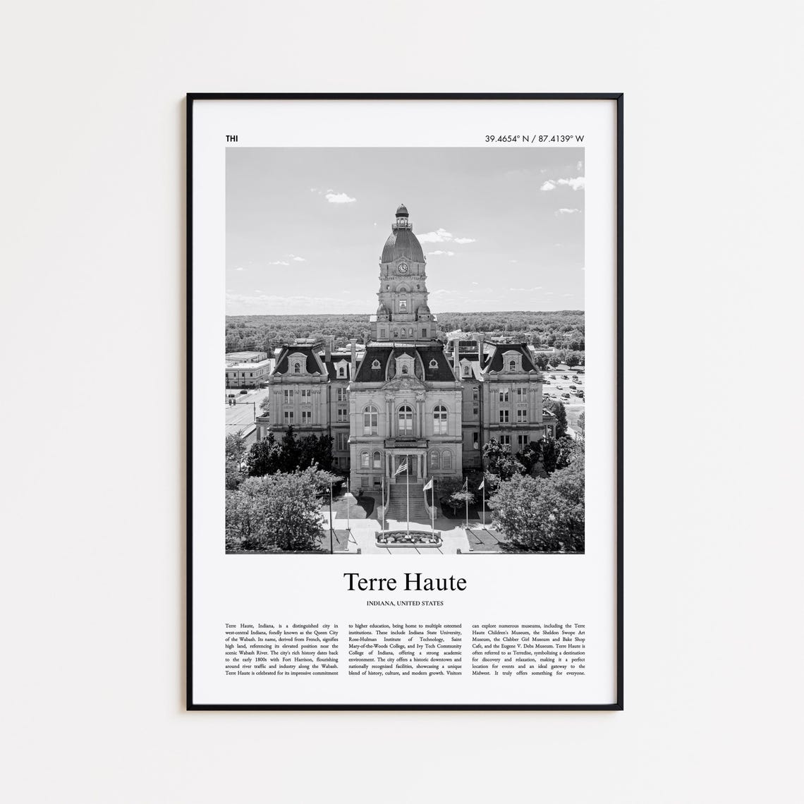Terre Haute Indiana Black And White Courthouse Photo Poster Art
