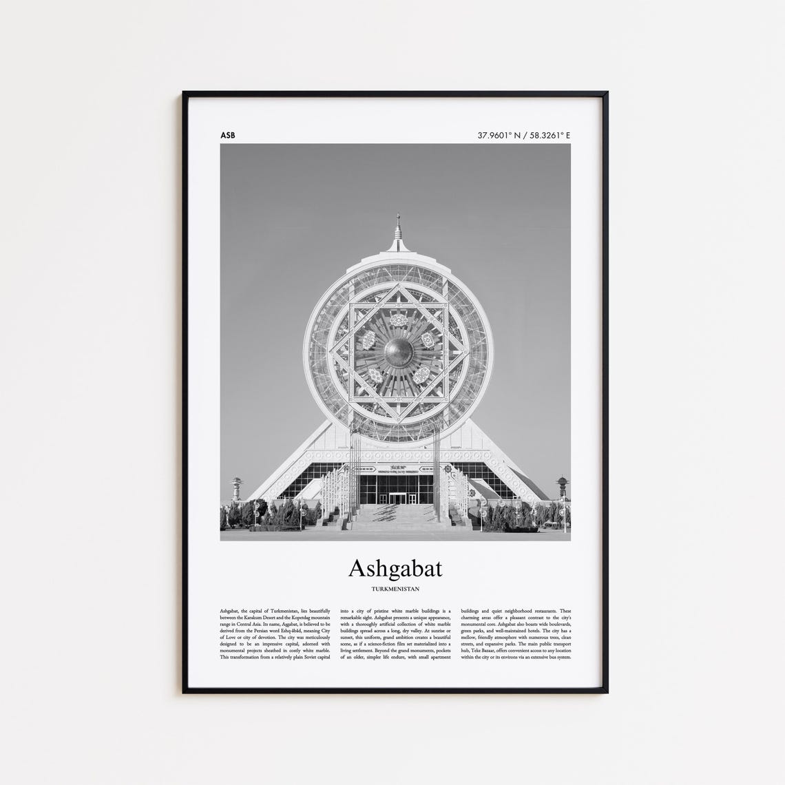 Ashgabat Turkmenistan Alem Center Black And White Travel Poster