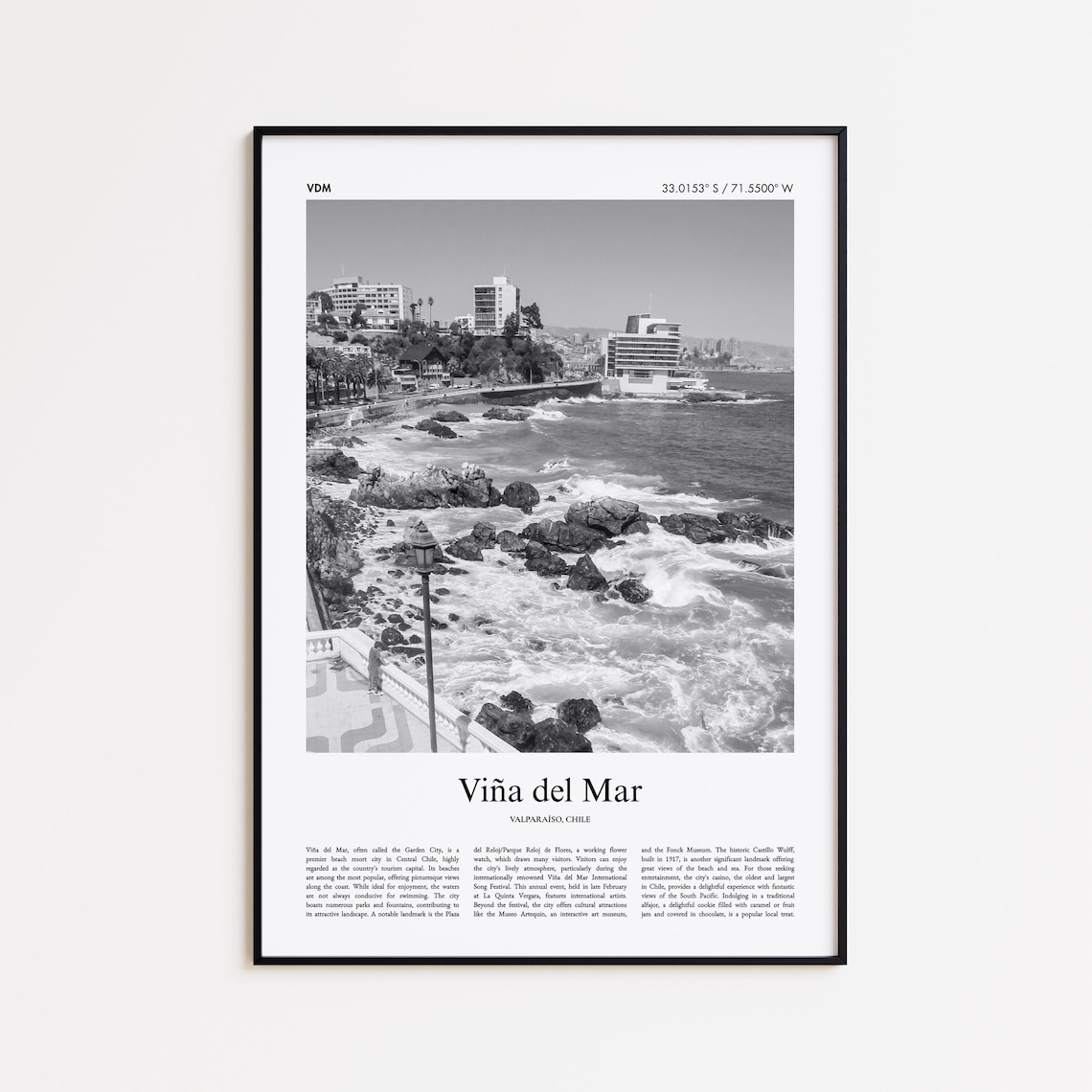 Viña del Mar Chile Black and White Rocky Coast Photo Travel Poster
