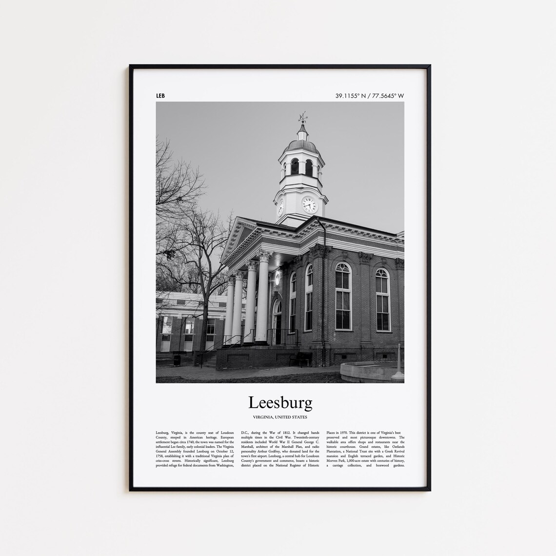 Leesburg Virginia Black And White Photo Poster Historic Courthouse Tower