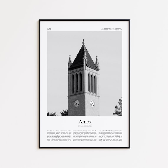 Ames Iowa State University Campanile Black White Travel Poster
