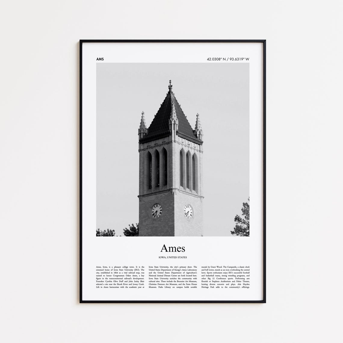 Ames Iowa State University Campanile Black White Travel Poster