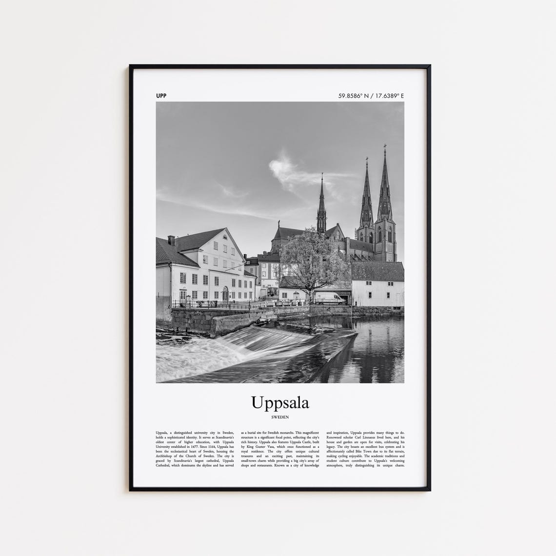 Uppsala Historic Cathedral River Fyris Black and White Sweden Poster
