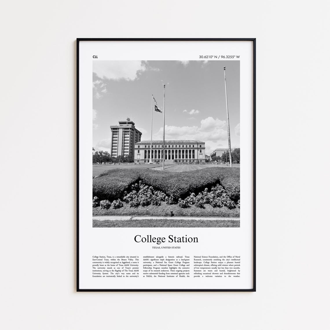 College Station Texas Campus Aerial Black And White Photo Poster