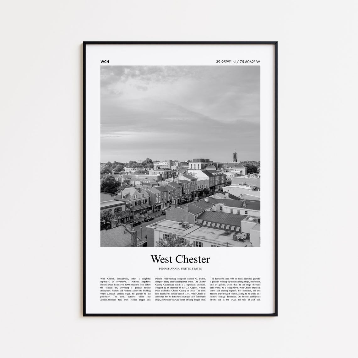 West Chester Pennsylvania Rooftops Black And White Photo Poster