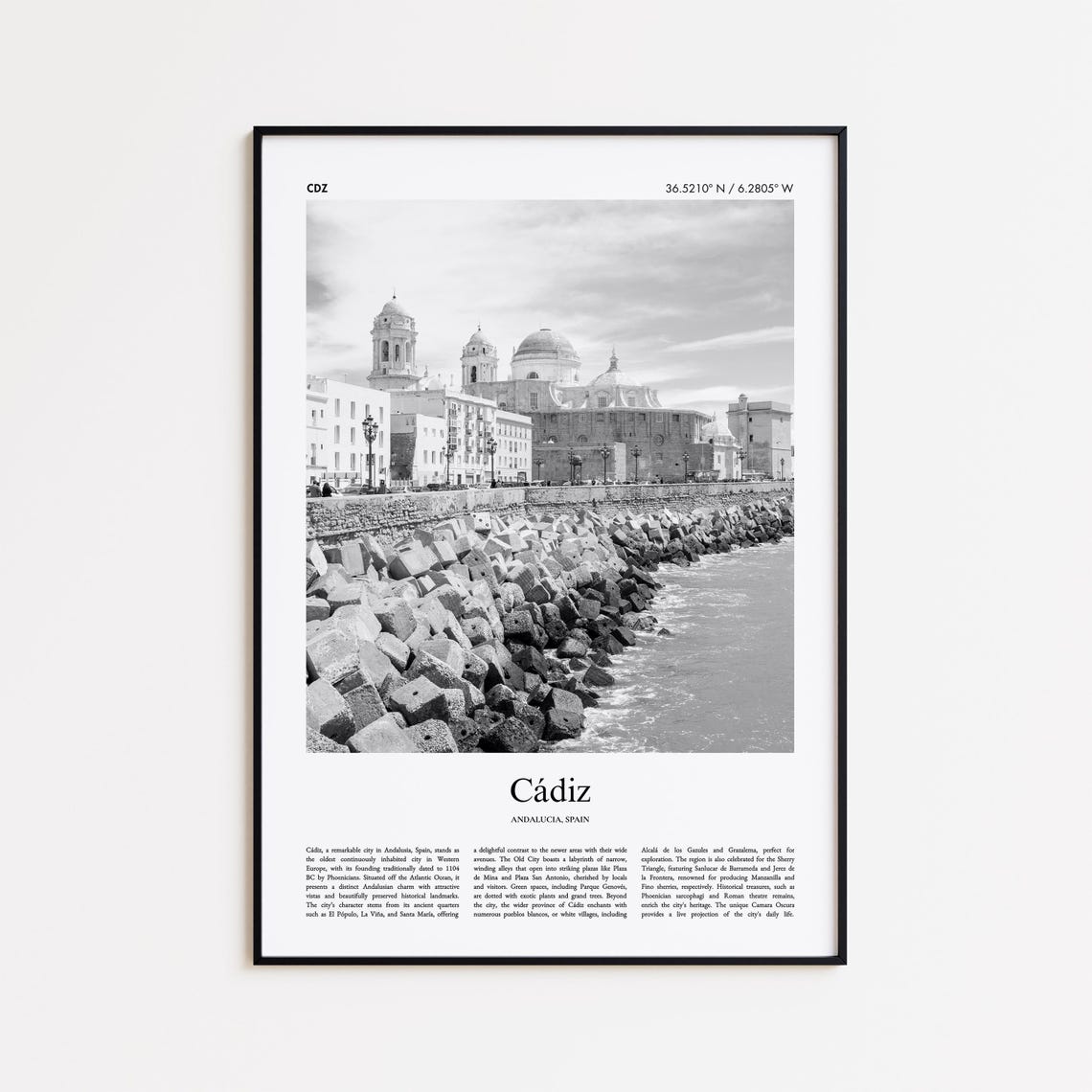 Cadiz Spain Black and White Cathedral Seawall Photo Travel Poster