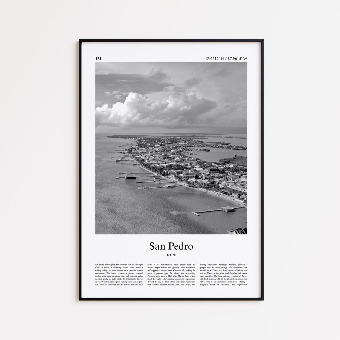 San Pedro Belize Coast Aerial Black White Caribbean Travel Print