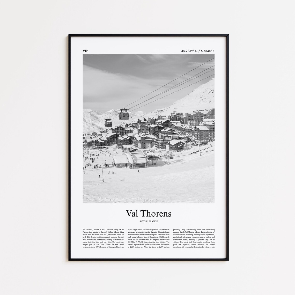 Val Thorens France Black and White Ski Resort Gondola Poster