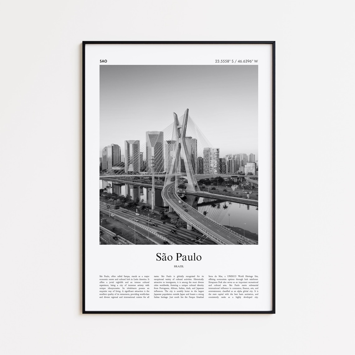 São Paulo Black and White Travel Poster, Minimal Home Decor