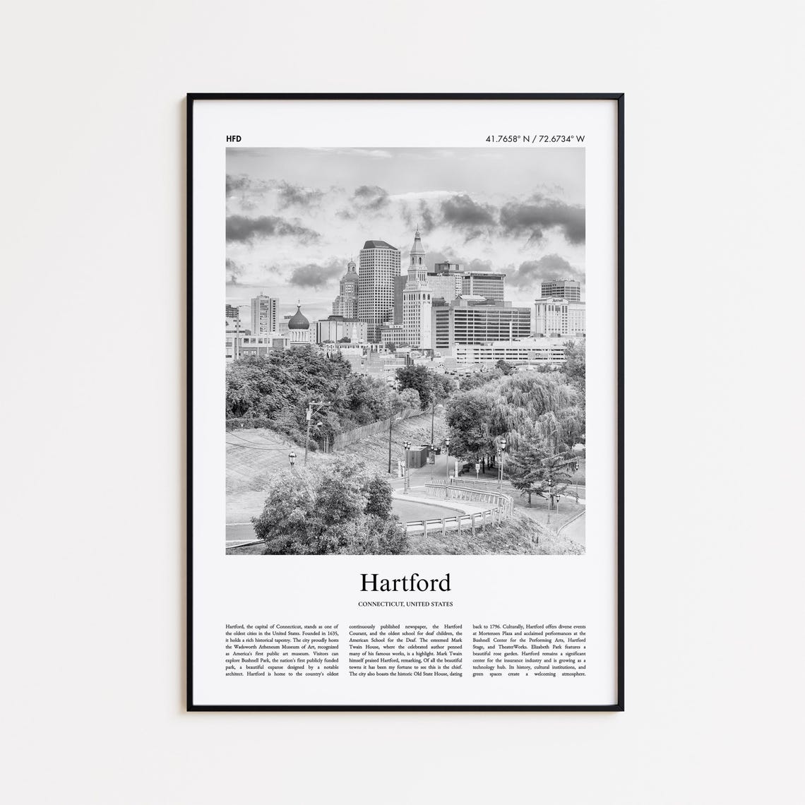 Hartford Connecticut Downtown Skyline Black And White Poster