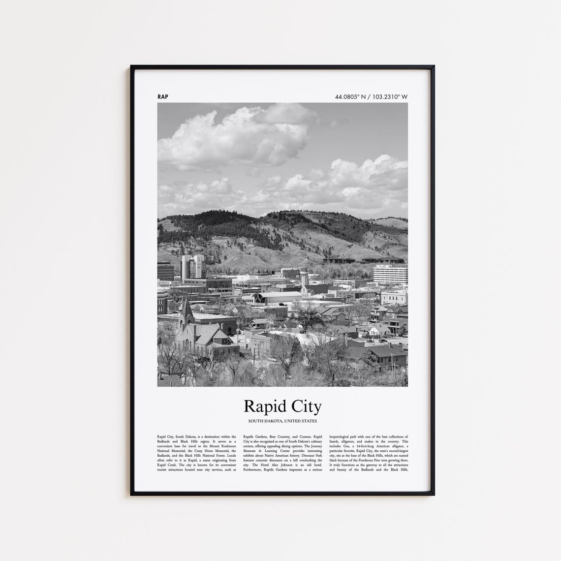 Rapid City South Dakota Downtown Black And White Hills Photo Poster