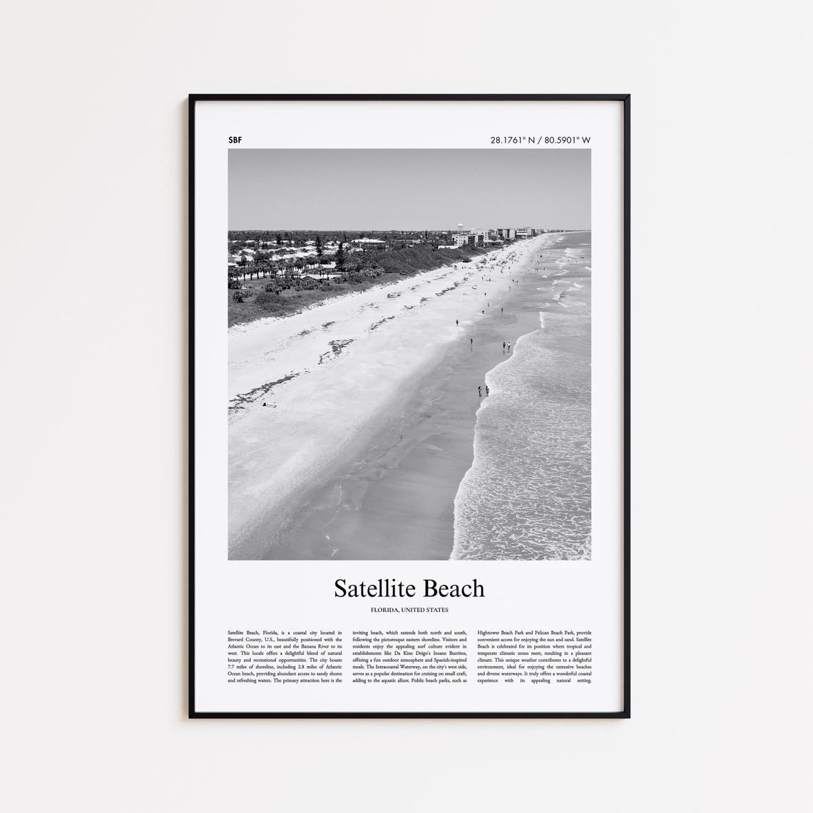Satellite Beach Florida Aerial Coast Black And White Photo Poster